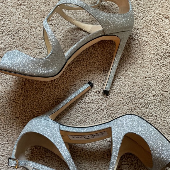 Jimmy Choo Silver Glitter Strappy High Heel Sandals - Picture 8 of 12